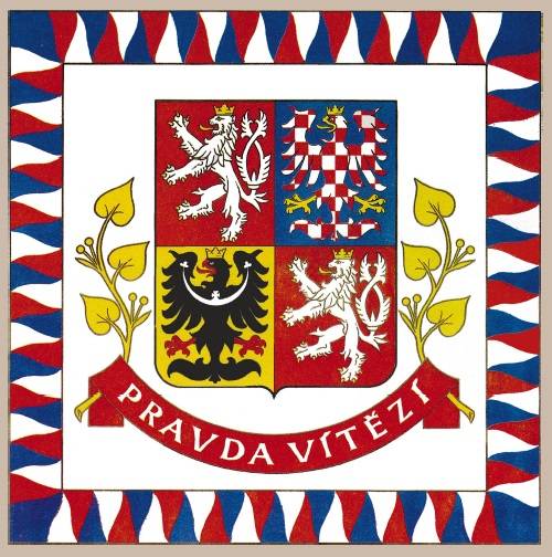 Coat of arms with national motto "Pravda vítězí" (Truth prevails) and leaves of linden tree.