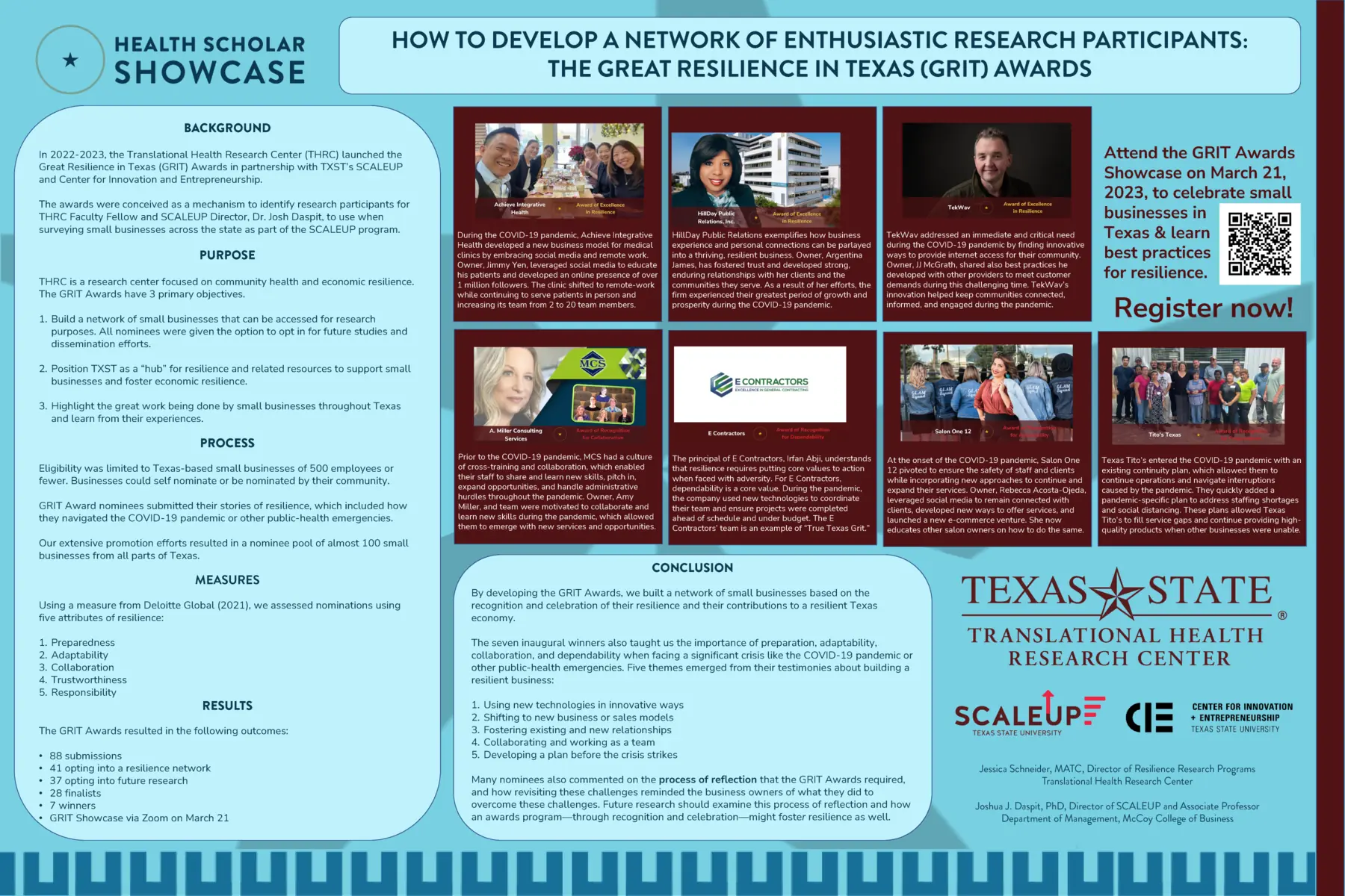 Research poster titled: How to Develop a Network of Enthusiastic Research Participants- The Great Resilience in Texas GRIT Awards