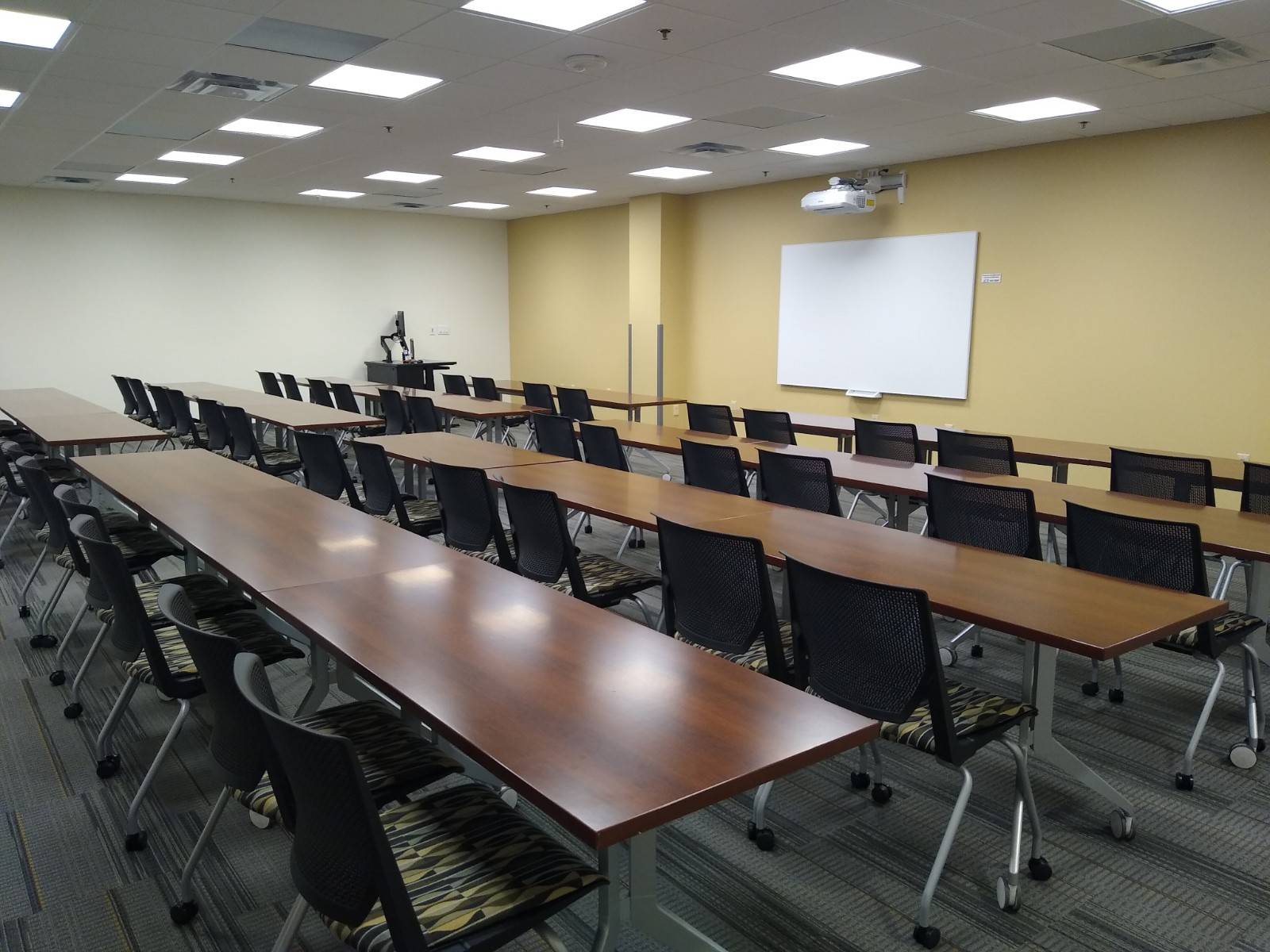 tables in seminar style from back of room