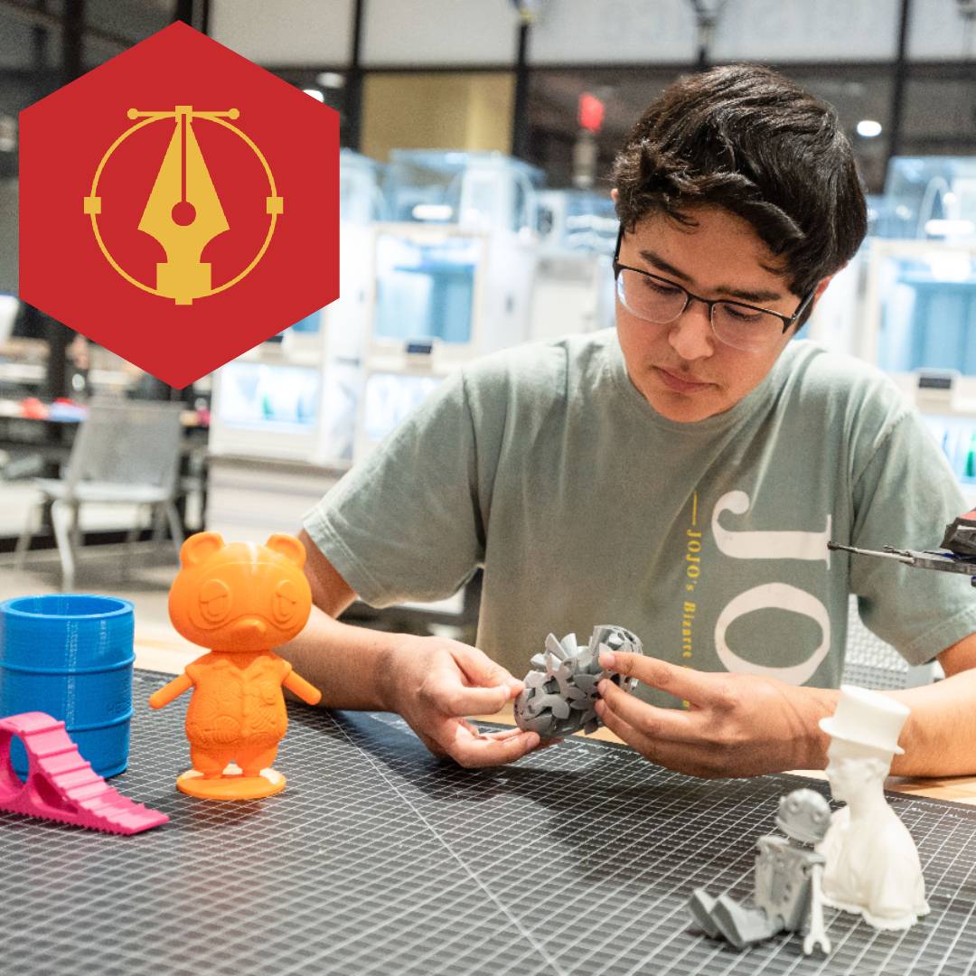 Student looking at 3D printed items