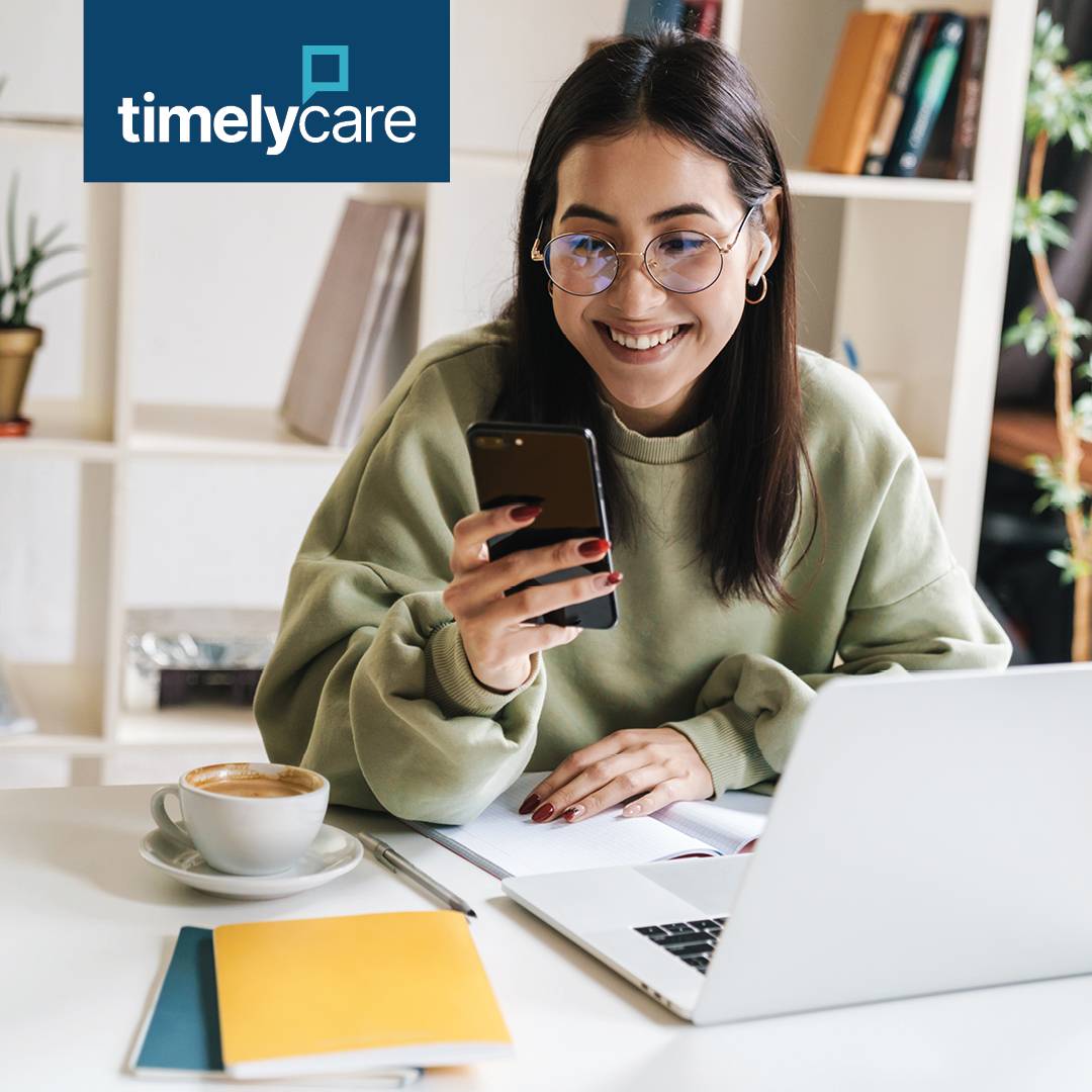 Student using phone. Text reads "TimelyCare."