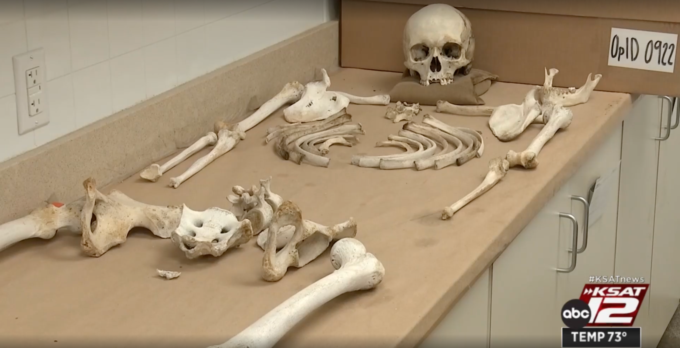 A screenshot of a video on KSAT-TV article showing a skeletal body.