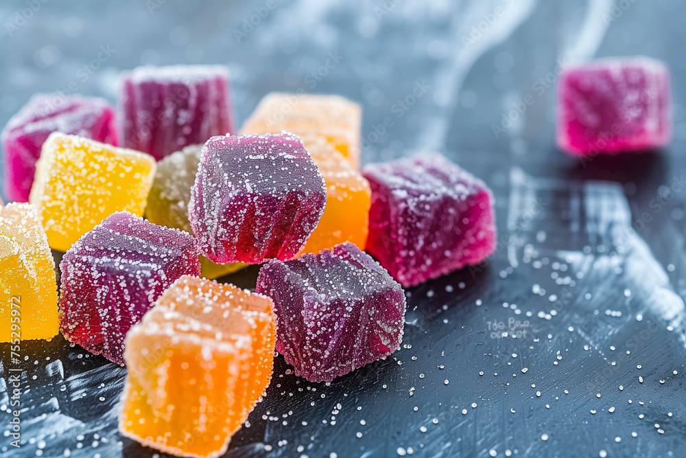 A close up image of orange, yellow, and purple gummies.