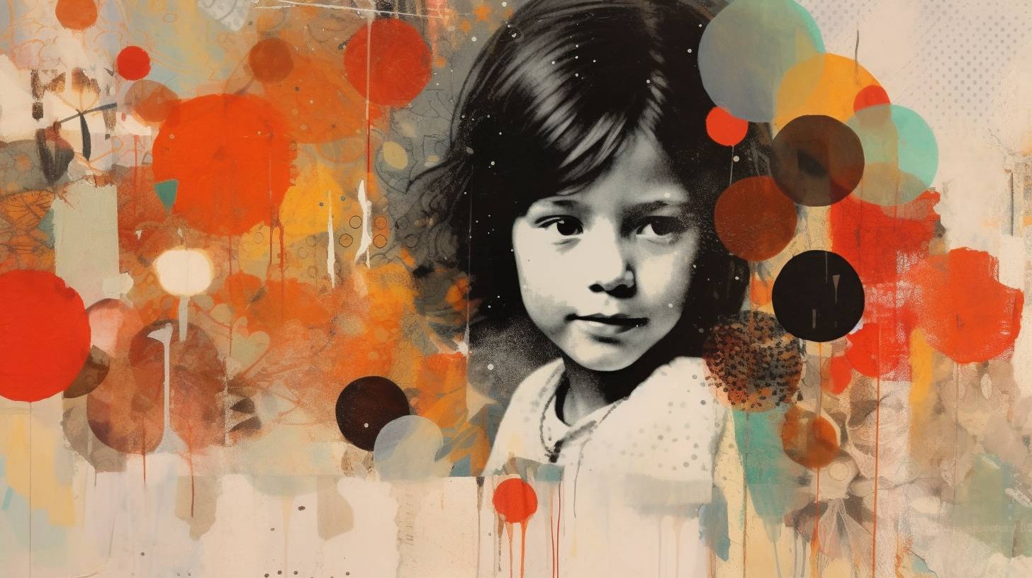 An image of a little girl with an artistic background of orange and yellow paint circles.