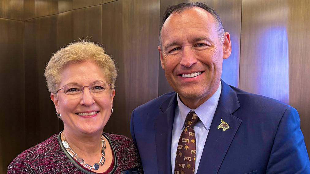 The Terry Foundation Executive Direction Yvonne Moody (left) poses for a photo with President Kelly Damphousse.