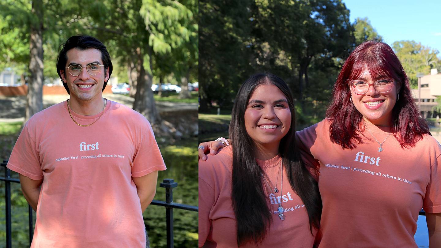 a composite image of students standing outside