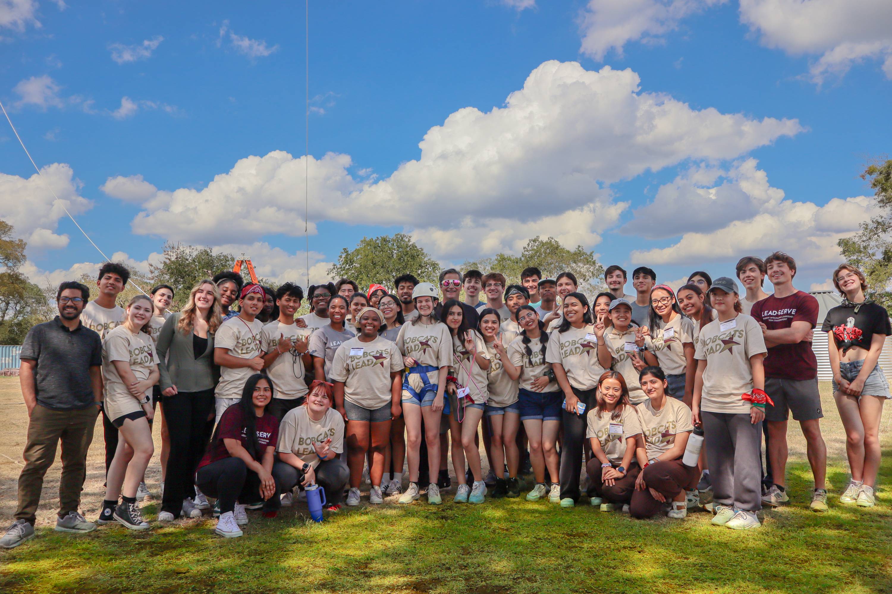 Group photo of Bobcats LEAD students at rope course