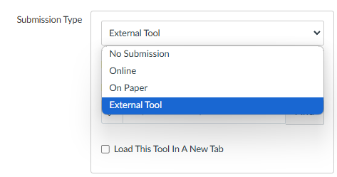 Submission drop down, selecting the external tool icon.