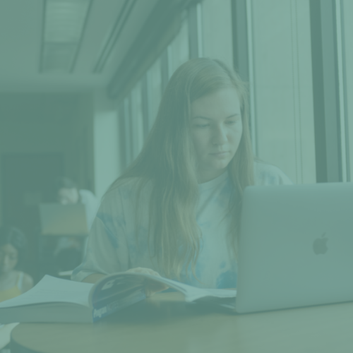 teal overlay of student working on a computer