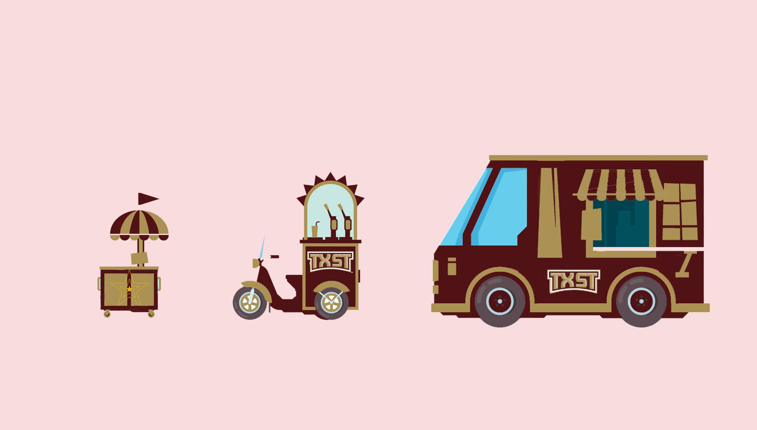 Graphic illustrating the different types of mobile food units, including carts, bikes, trailers, and trucks that all serve non prepackaged food and/or beverages.