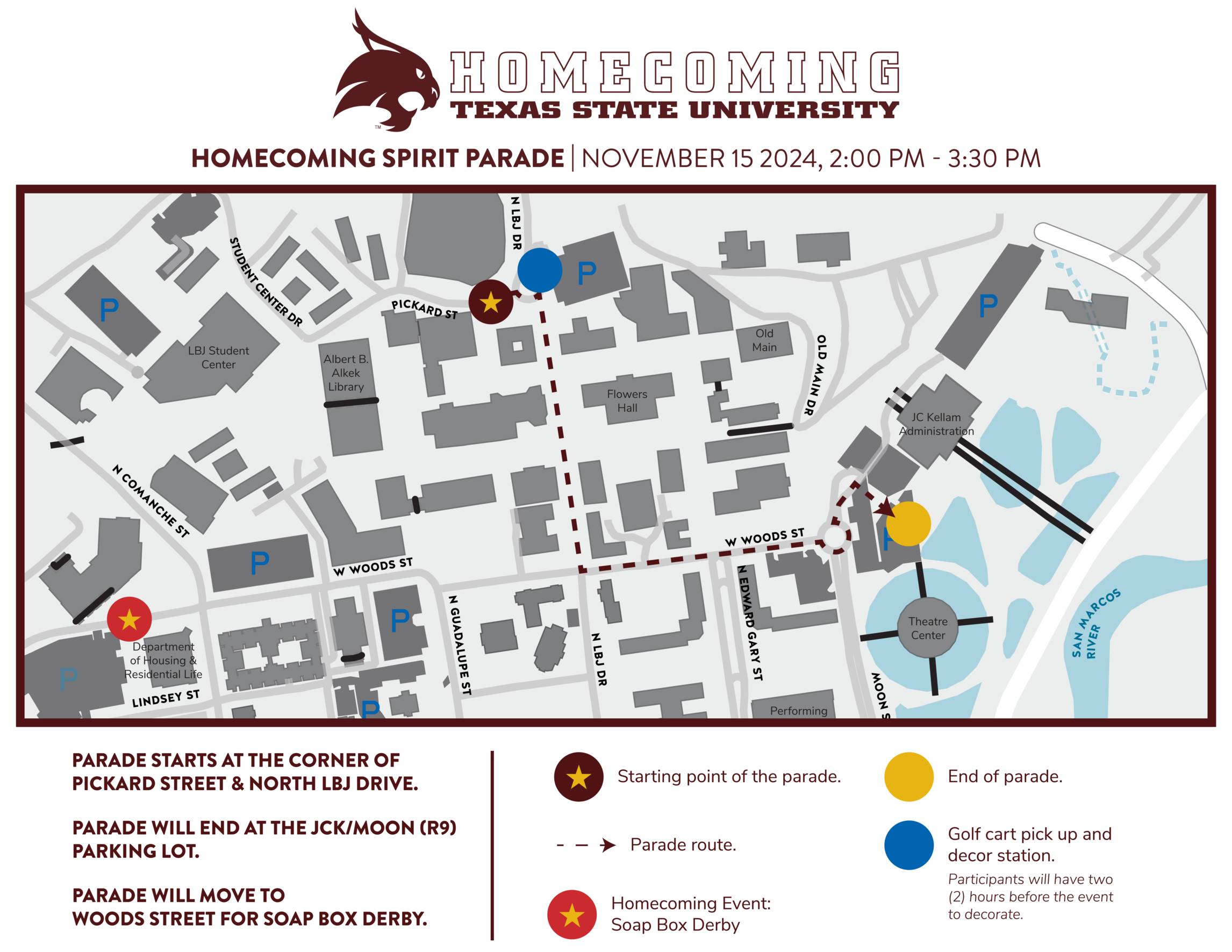 TXST Homecoming - Spirit Parade Map and Route