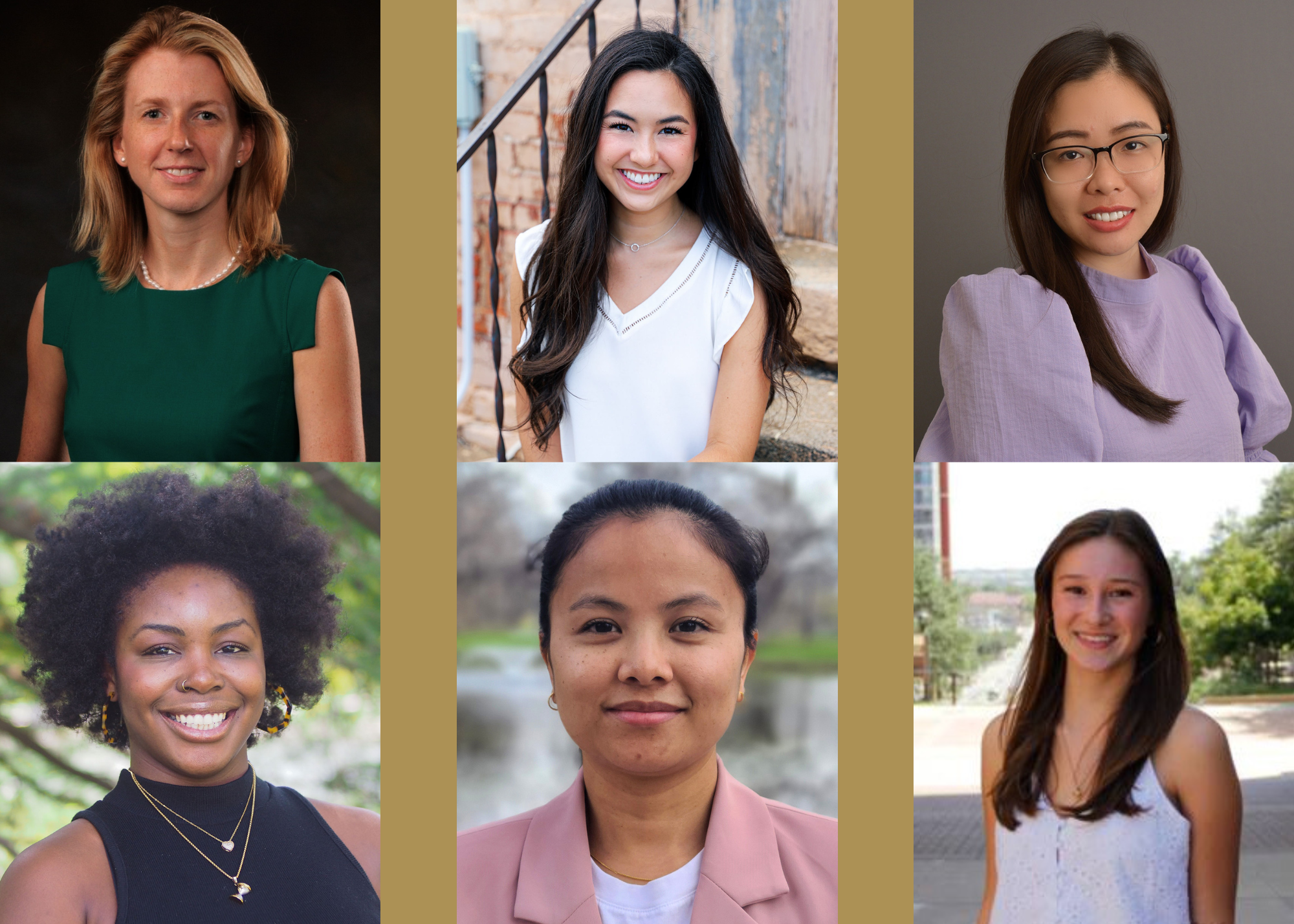 Headshots of Stephanie Baker (top left), Keegan Beane, Mai Bui, Kelsey Fox, Neelam Thapa Magar, and Ainsley Tyler.