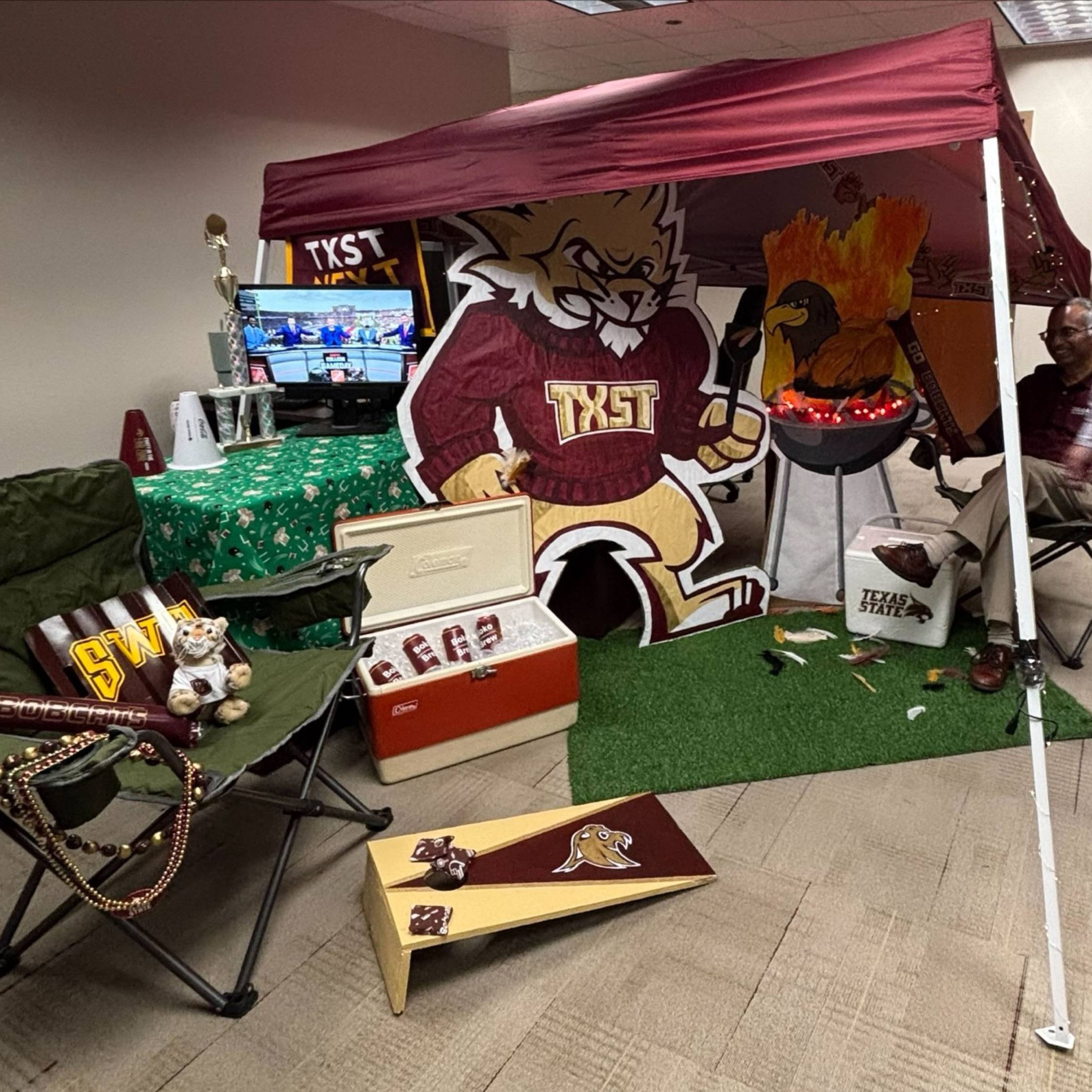 Tent set up in office as it would be at a TXST tailgate. 