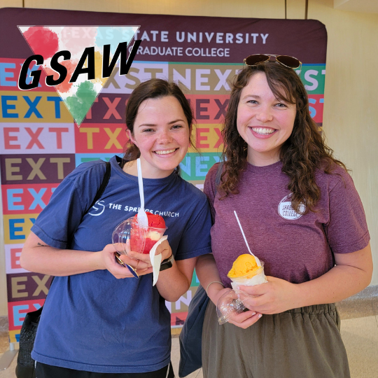 Two students, next to the GSAW logo, smiling while holding ice cream.