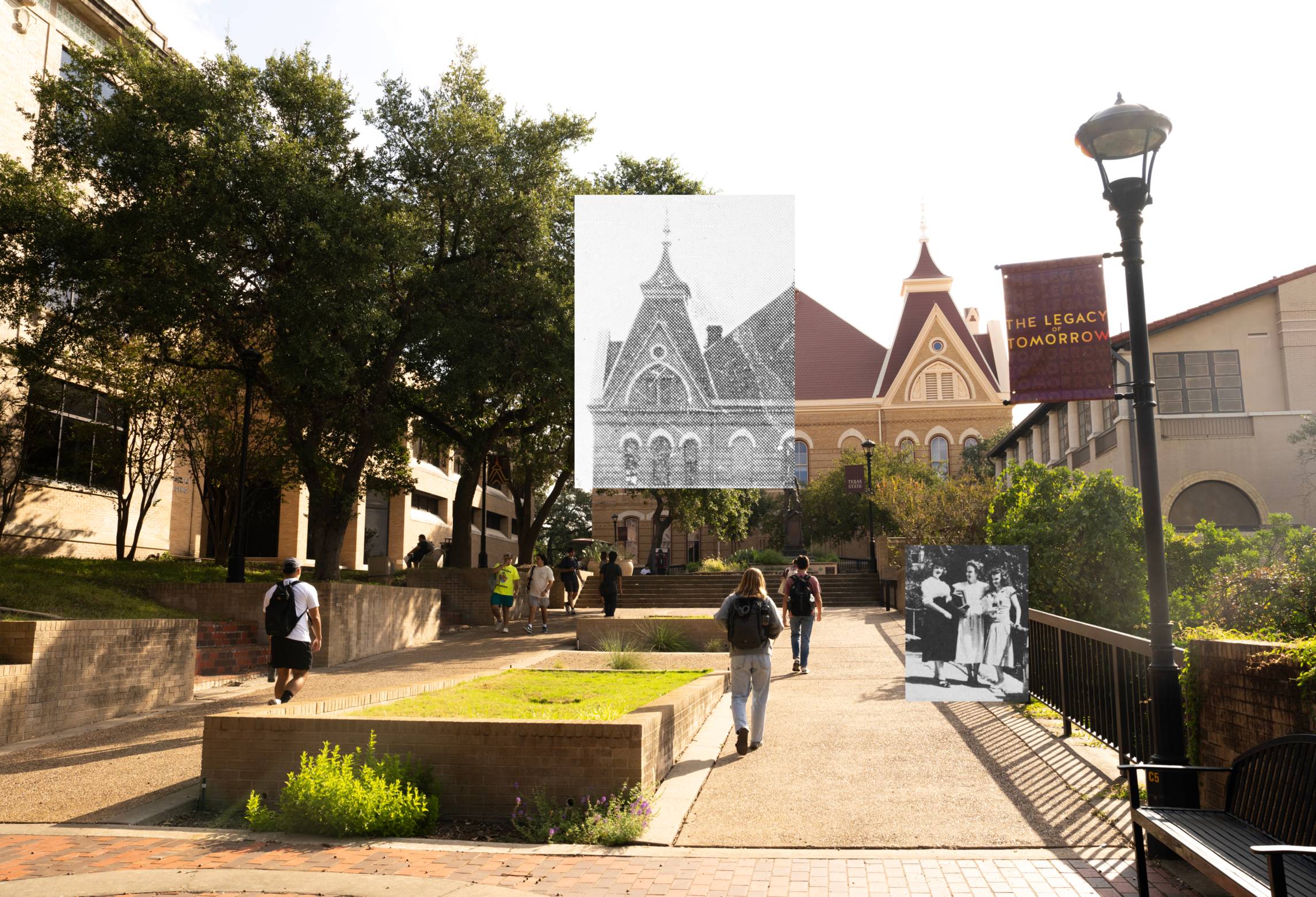 a photo of students walking on campus with Old Main in the background with a small vintage black and white image superimposed over one part of Old Main