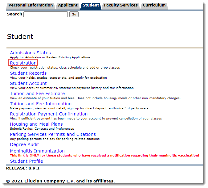 SSB Student Menu