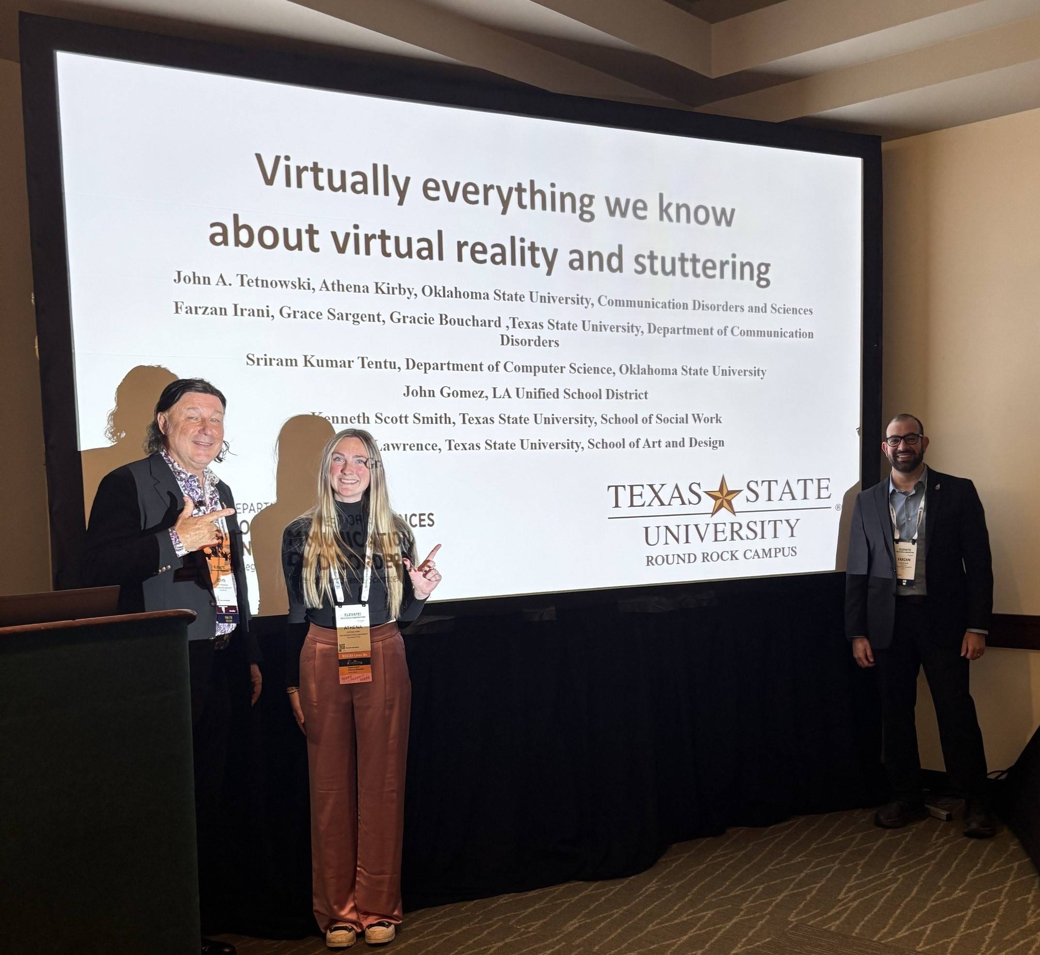 Dr. Farzan Irani, Dr. Scott Smith from TXST Social Work, Mr. Grayson Lawrence from Art and Design, CDIS students Grace Sargent and Gracie Bouchard and colleagues from Oklahoma State University collaborated together to create the talk "Virtually everything we know about virtual reality and stuttering". 