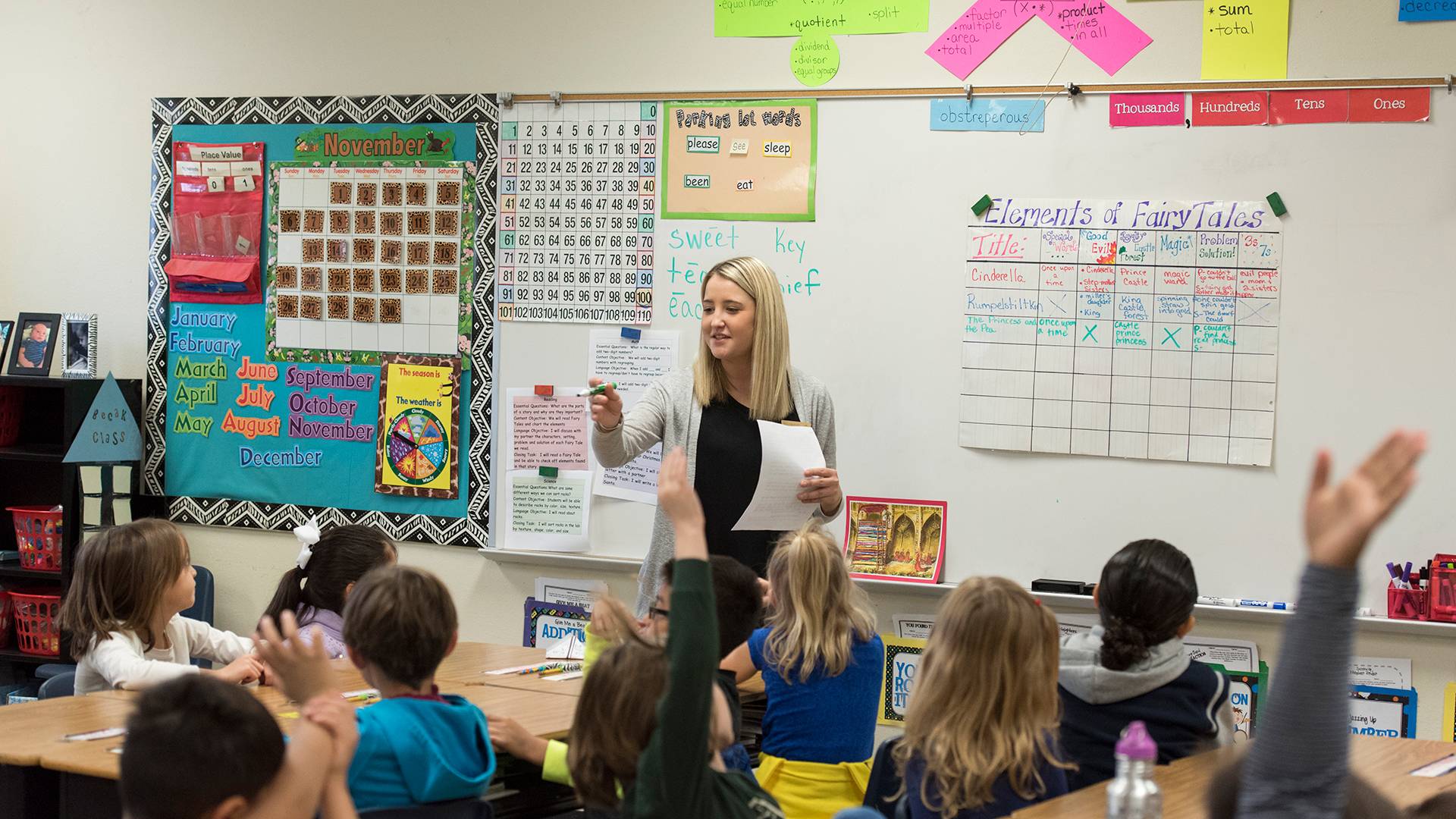 a teacher and children in a classroom