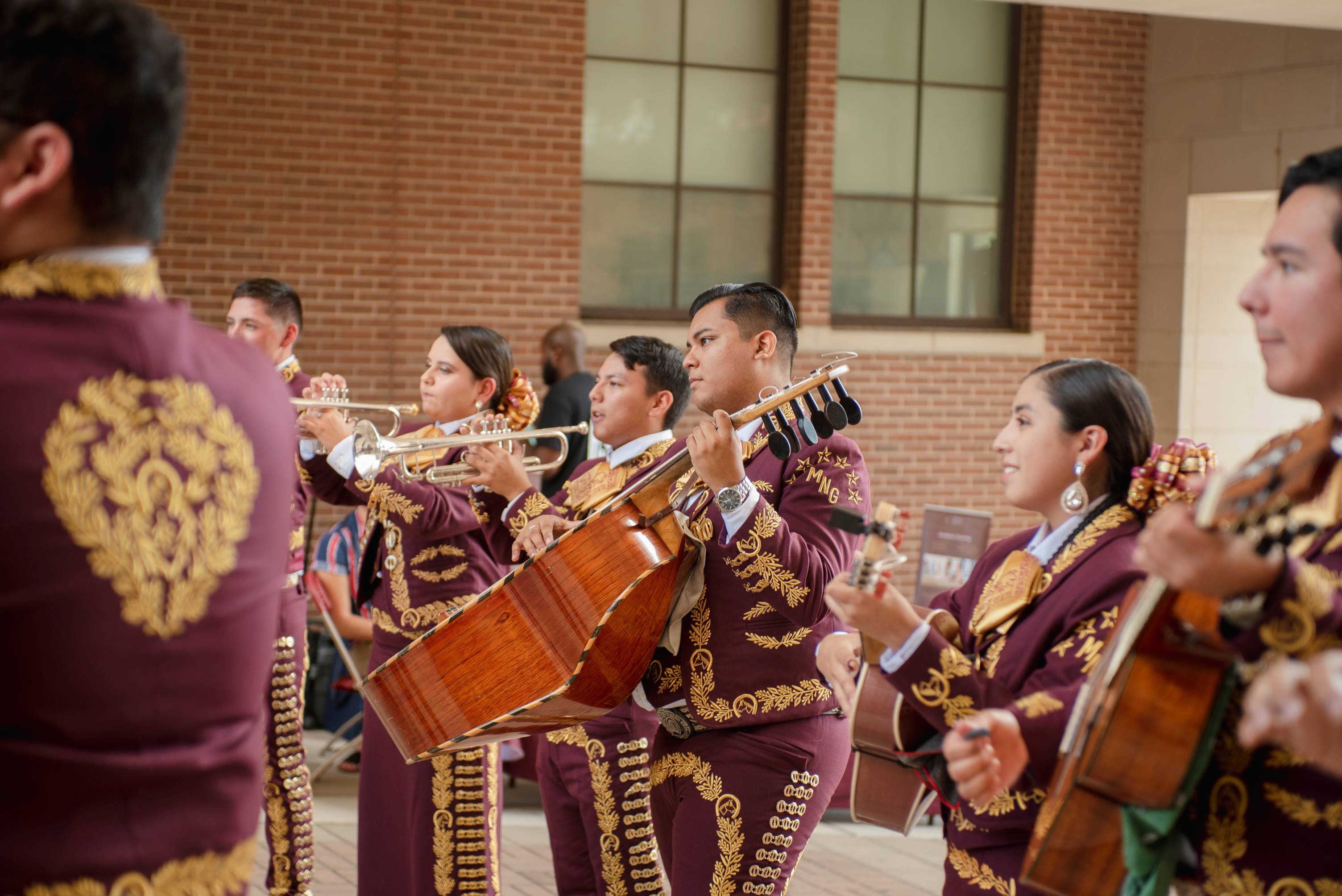 man playing a guitarron with a large mariachi group