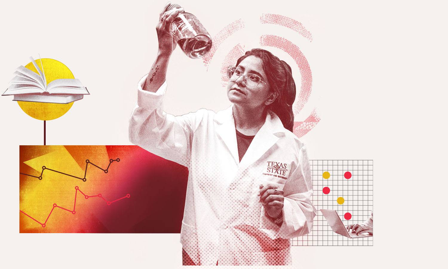 Illustration of a lab assistant looking at a beaker