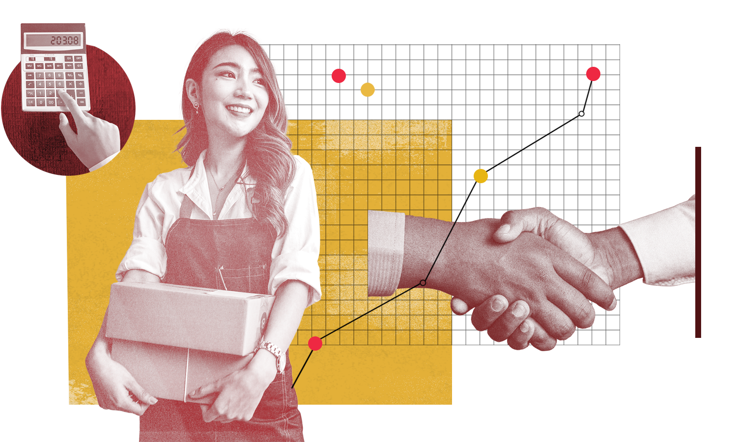 Illustration of a hand with a calculator, small business owner with boxes and two hands shaking