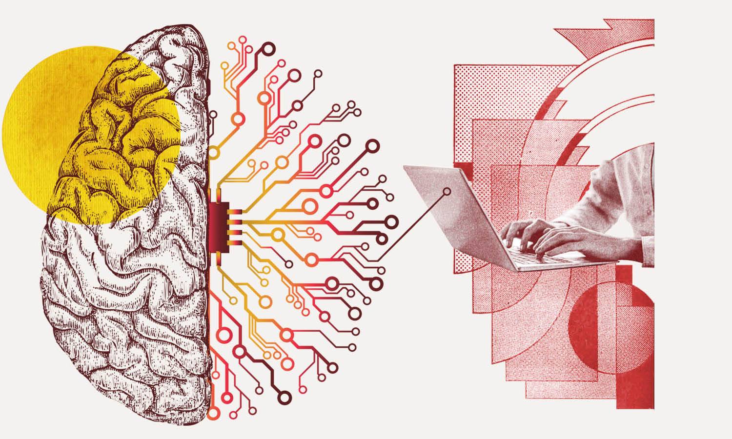 Illustration of a brain and a person working on a laptop