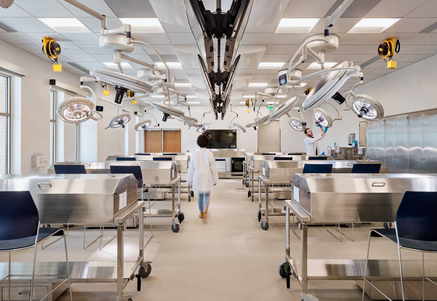 Lab assistants prepare for a class in the Anatomy Lab at Willow Hall, Round Rock Campus, Texas State University.