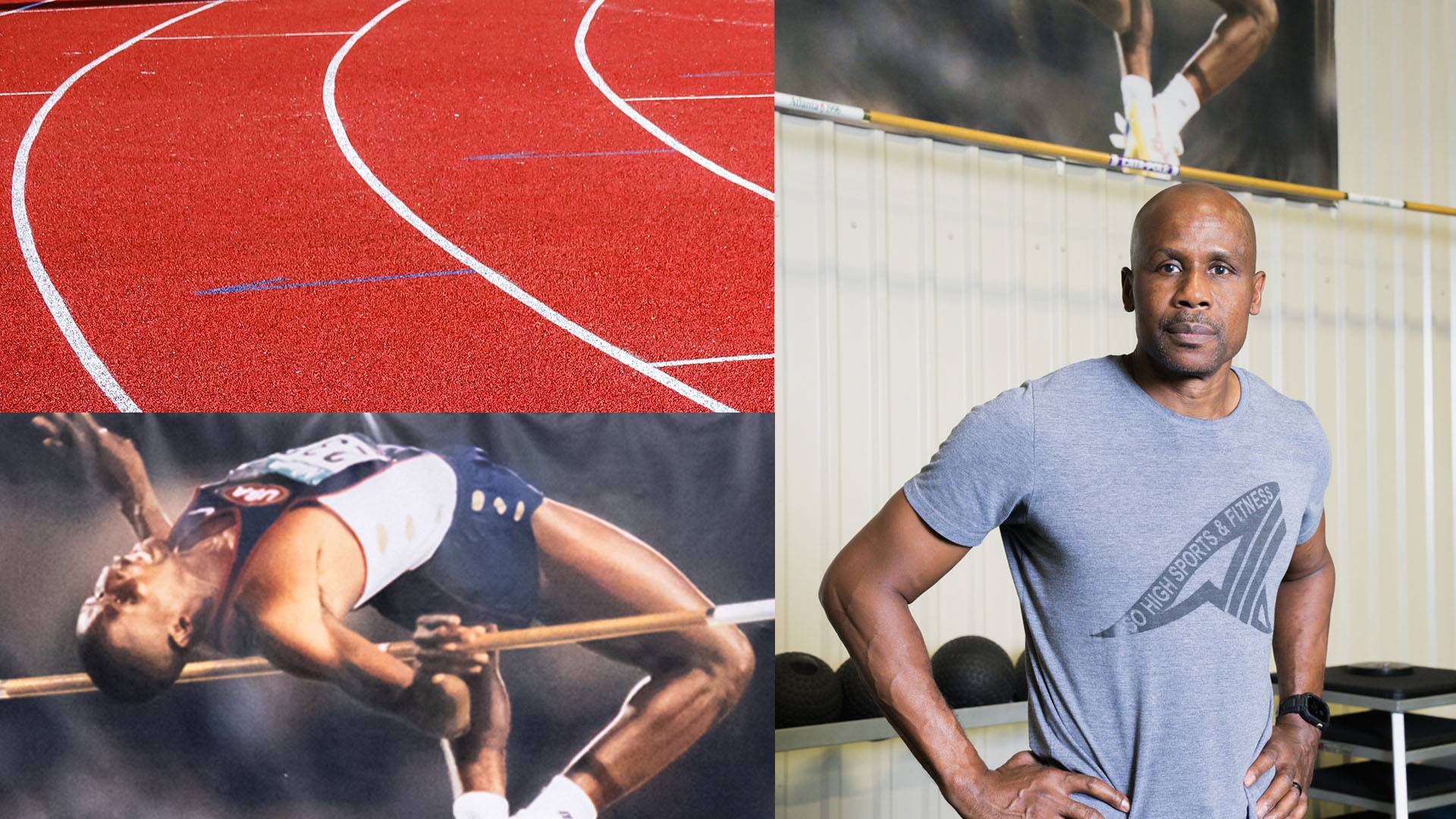 Charles Austin, standing in his gym at So High Sports & Fitness. Behind him is the crossbar set at the height he jumped over to win the gold medal in the 1996 Olympics in Atlanta.