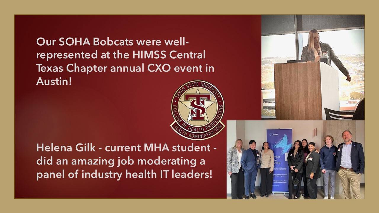 Slide of SOHA students and Dr. Lieneck attending HIMSS Central Texas Chapter annual CXO event