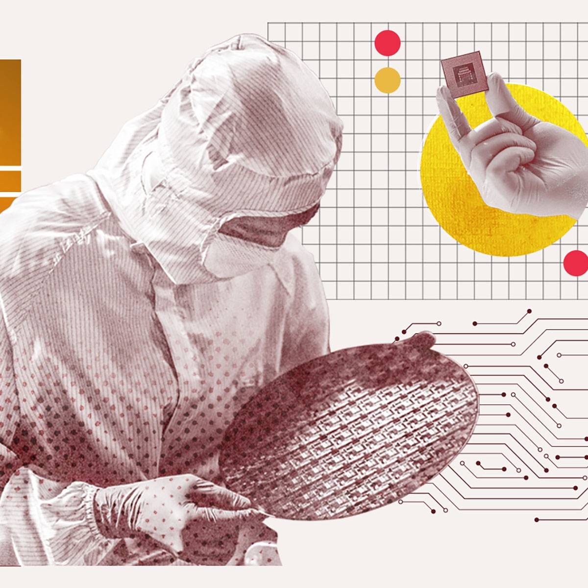 Collage illustration, a student wearing dust-protection examines materials necessary to create microchips, a hand holds up a completed microchip. 