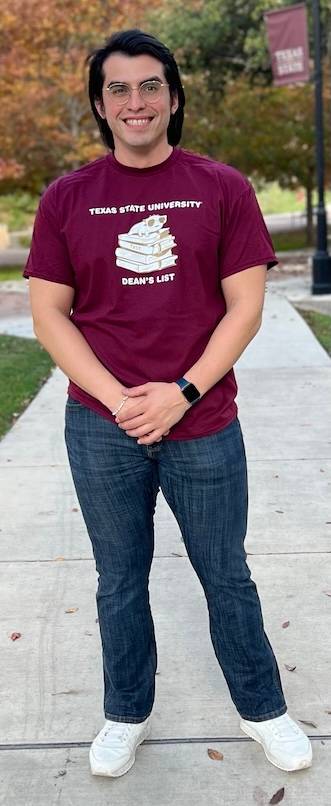 A student wearing a Dean's List t-shirt.