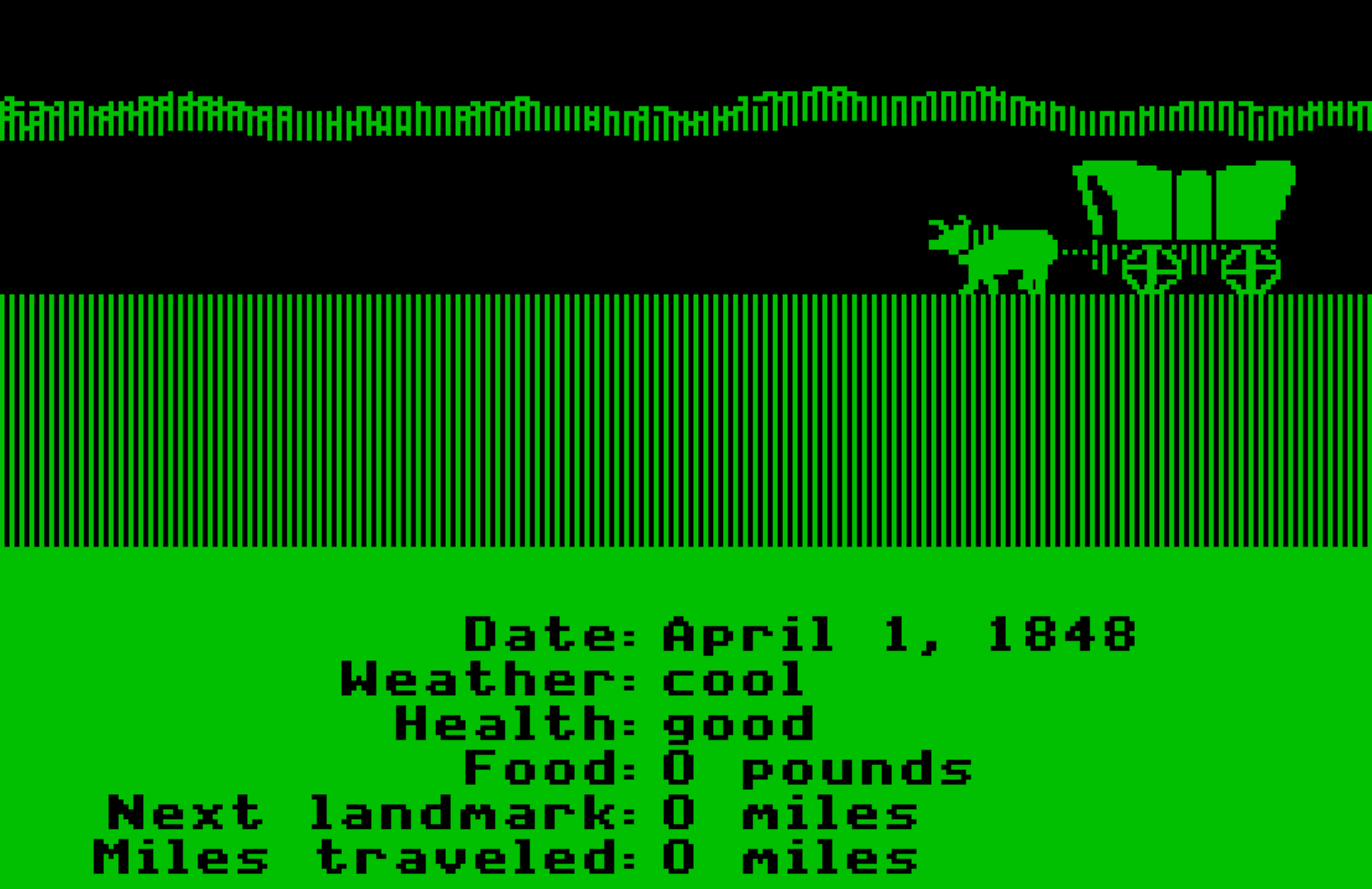 screenshot of gameplay from the original oregon trail on apple 2 e