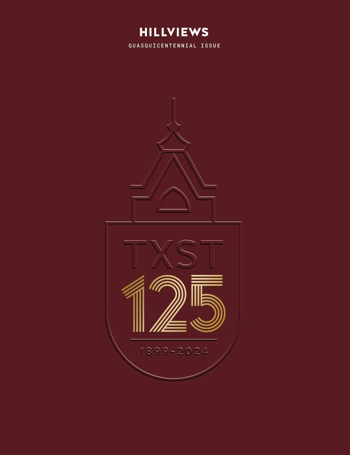 maroon magazine cover with embossed looking logo of a building with 125 in gold underneath it. 