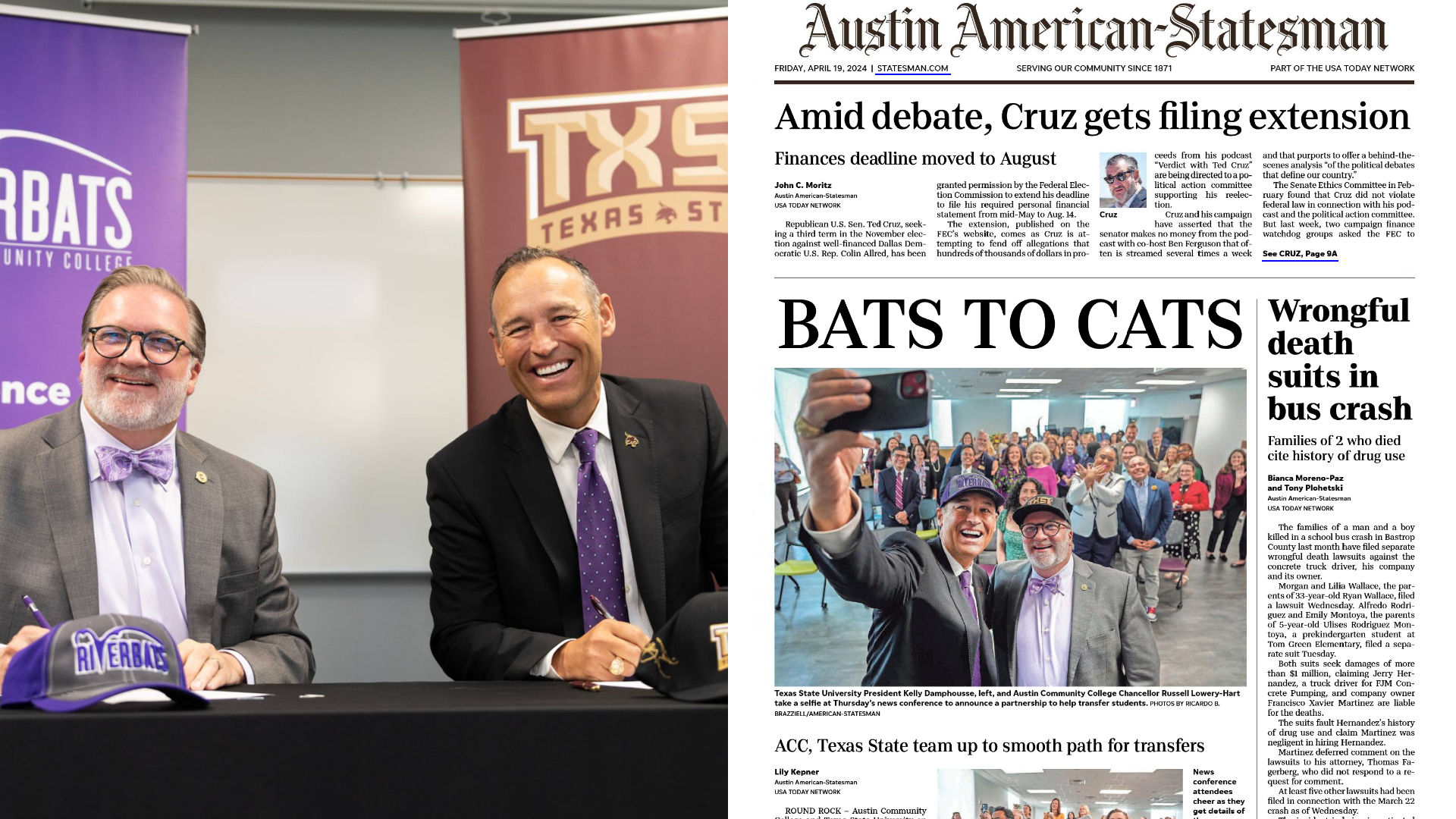 Dr. Russell Lowery-Hart (left) poses for a photo with President Kelly Damphousse at the Bats to Cats signing ceremony.