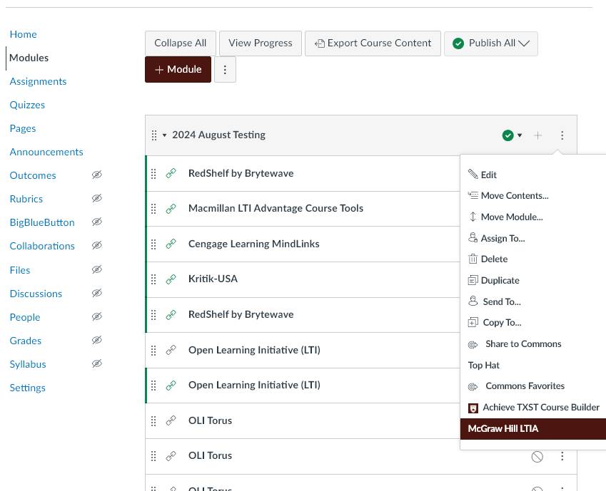 canvas page selecting mcgraw hill ltia