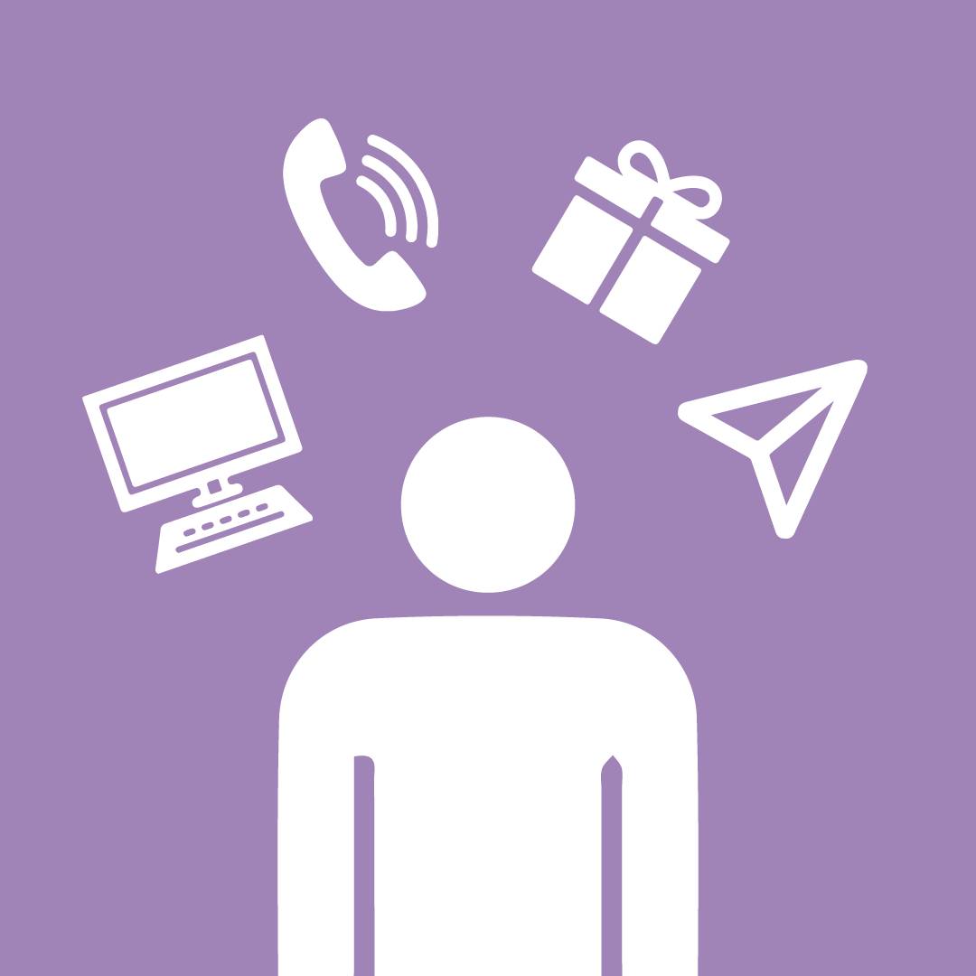 Icon of a person standing with a computer, phone, gift, and message icon above their head.