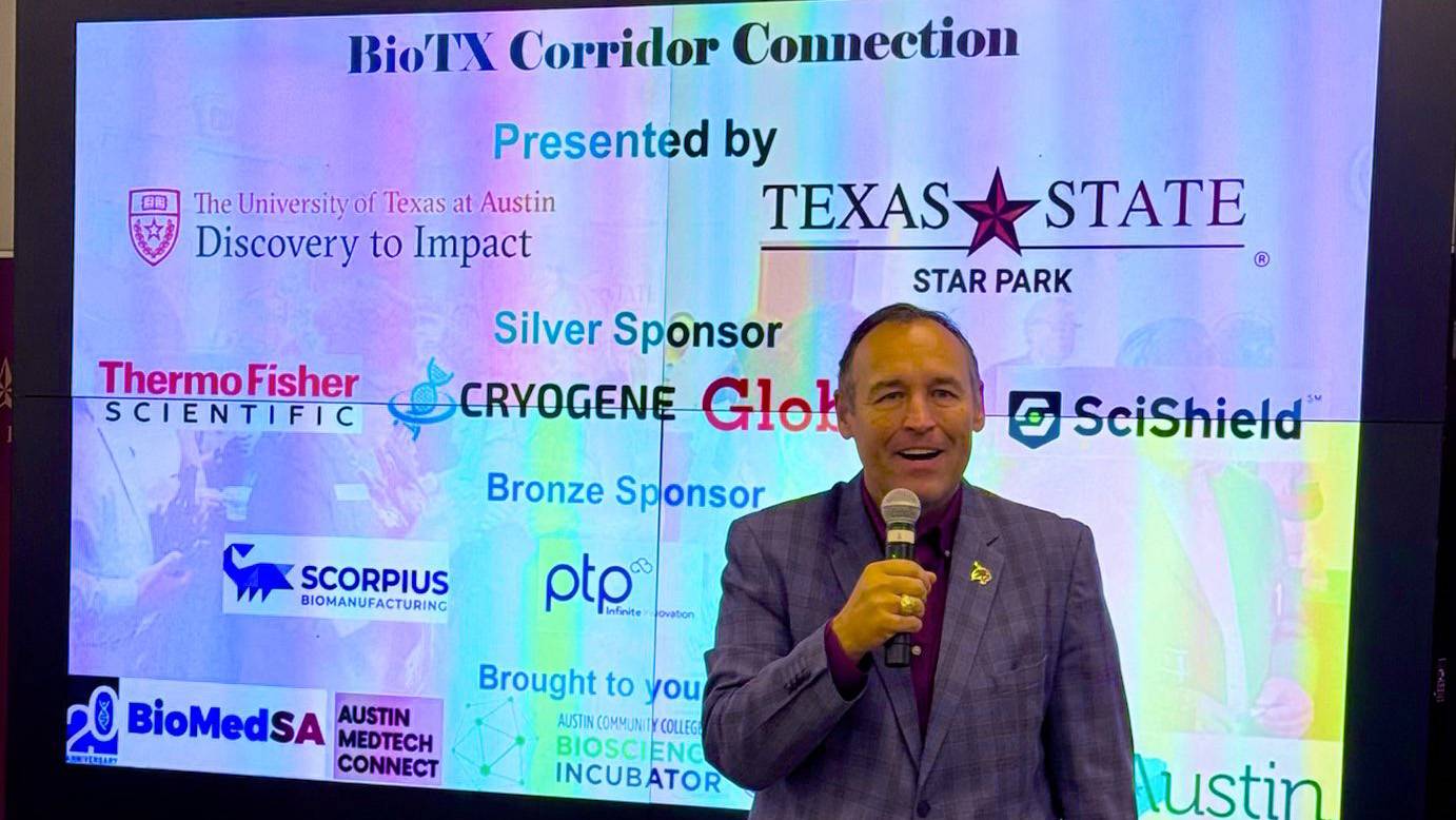 President Kelly Damphousse speaks to bioscience professionals at the BioTX conference.