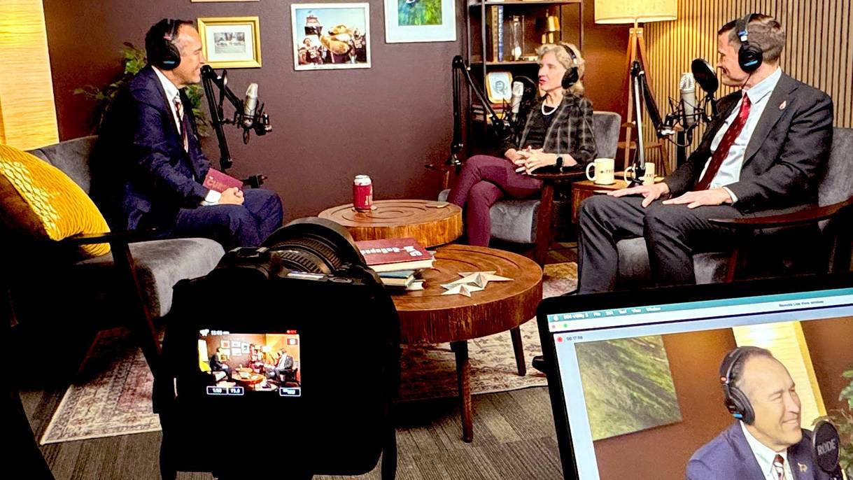 President Kelly Damphouse (left) records a podcast with Dean Heather Galloway and Dr. Bryan Glass.