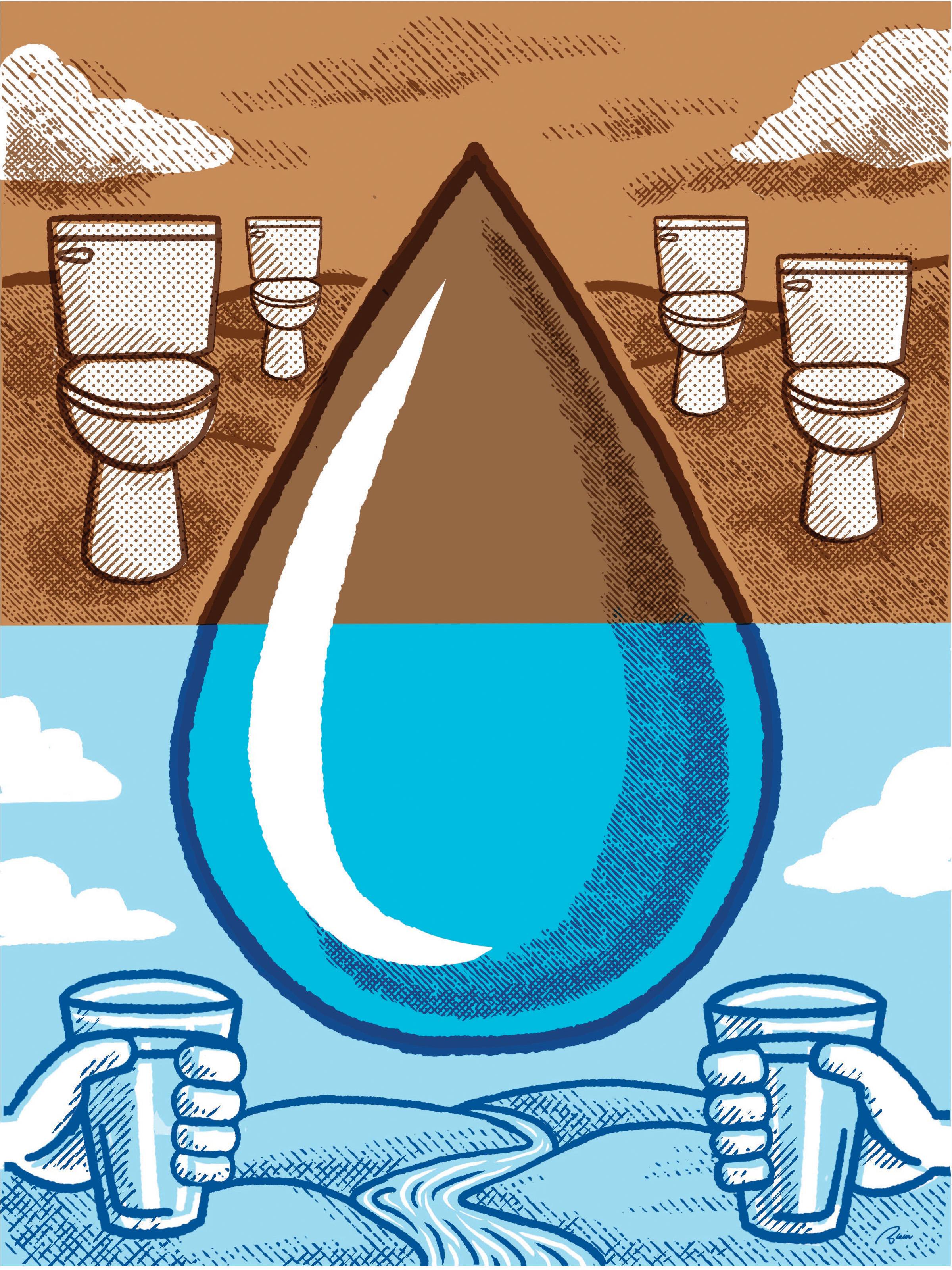 Illustration demonstrating the transformation of sewage waste water into clean drinking water.