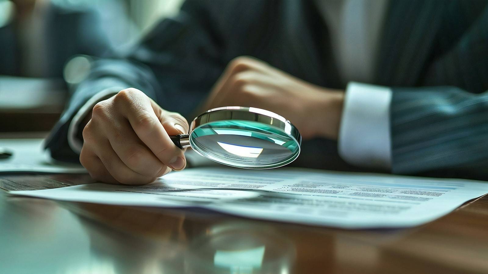 person in suit with magnifying glass examining documents at a desk