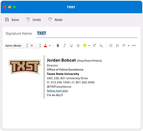 Screenshot showing a sample of a Texas State Email Signature, using the TXST acronym logo.