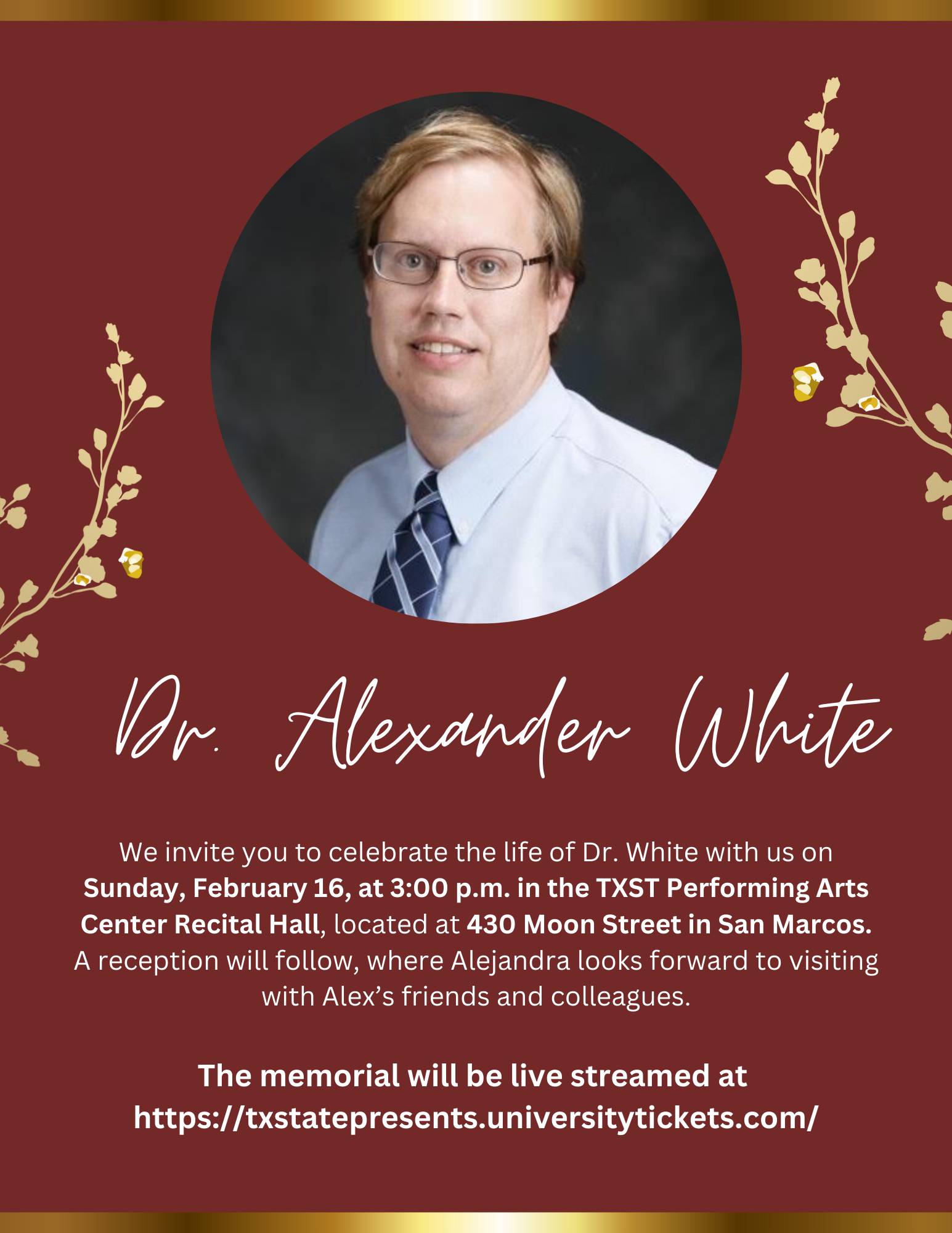 photo of Senator Alex White and text regarding his celebration of life