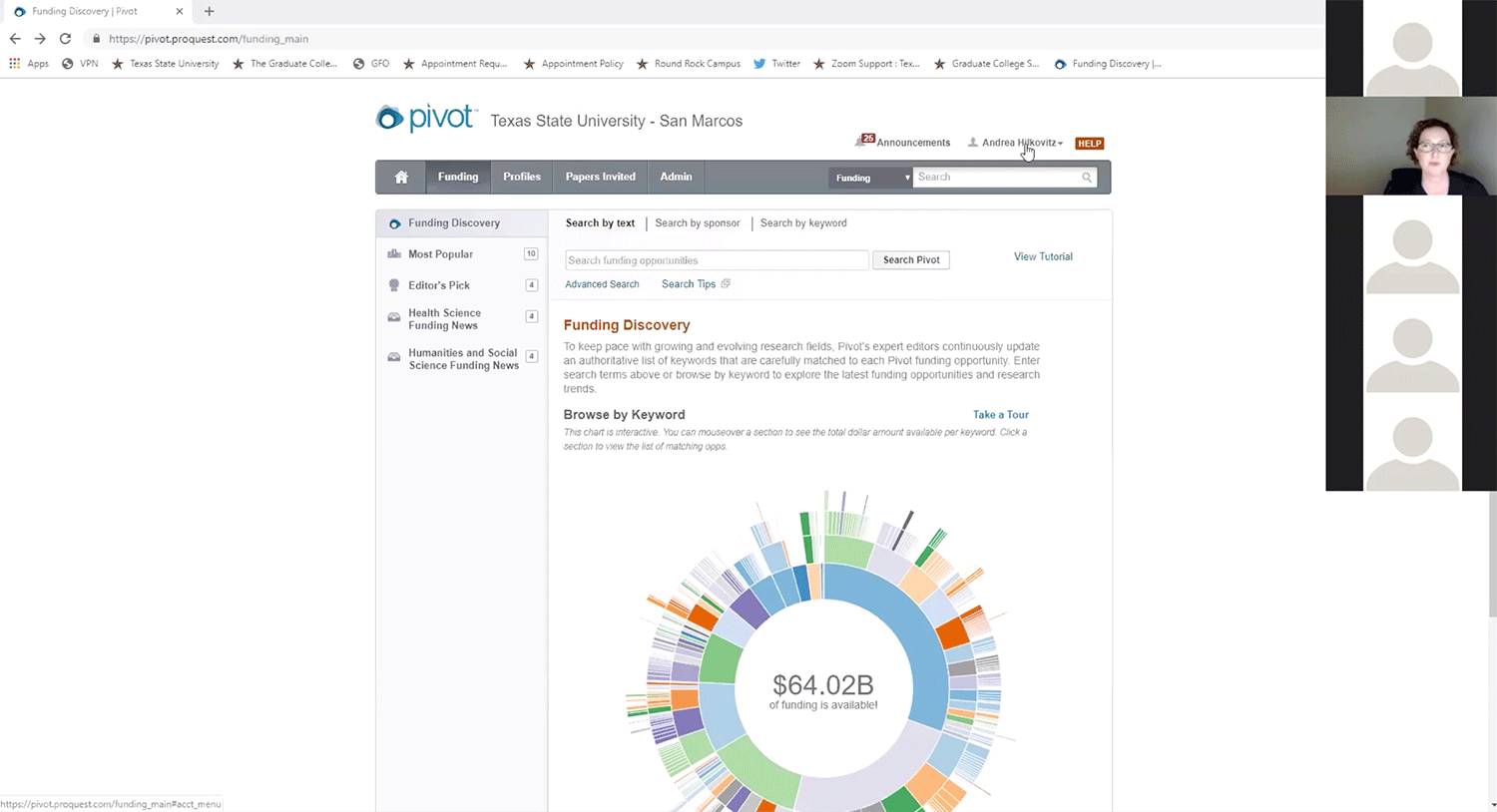 a still image of a screen from the video recording that showcases the funding opportunities search bar and displays a graph showing 64.02 billion dollars available in funding