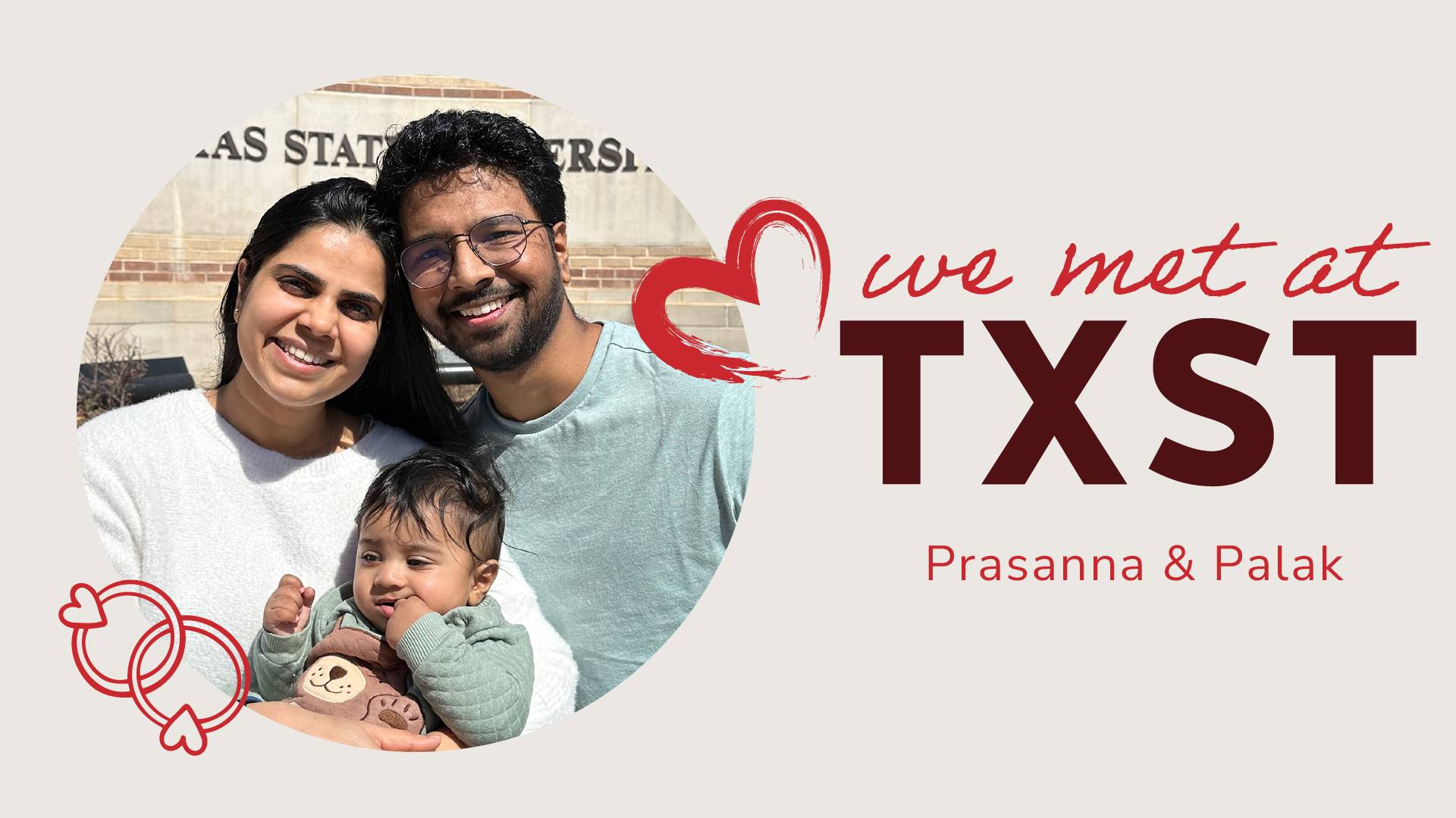 Photo of Prasanna and Palak with We Met at TXST logo, hearts, and an icon of two rings with hearts