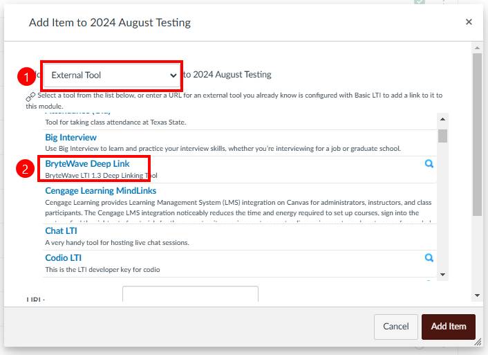 canvas pop up selecting external tool and Bryte Wave Deep link and then add item