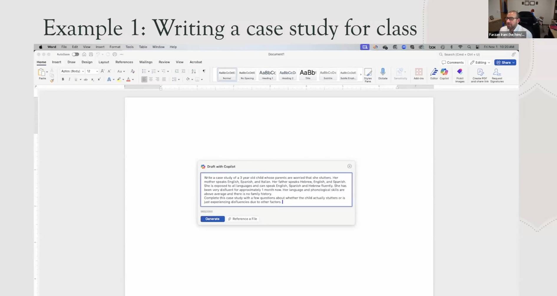 A faculty member presents via Zoom, explaining how he uses AI to create case studies for his class. His video appears in a small window while his presentation slides take up most of the screen. The screen shows examples of AI-generated case studies and highlights key benefits, such as customization and student engagement.