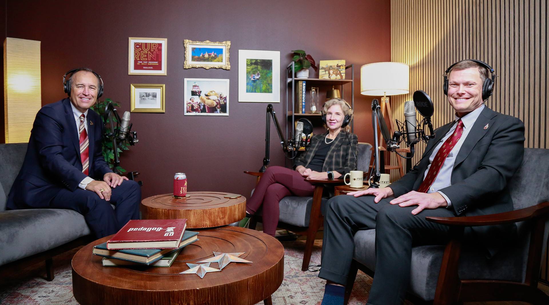 kelly damphousse poses for photo with Dr. Heather Galloway and Dr. Bryan Glass in podcast studio