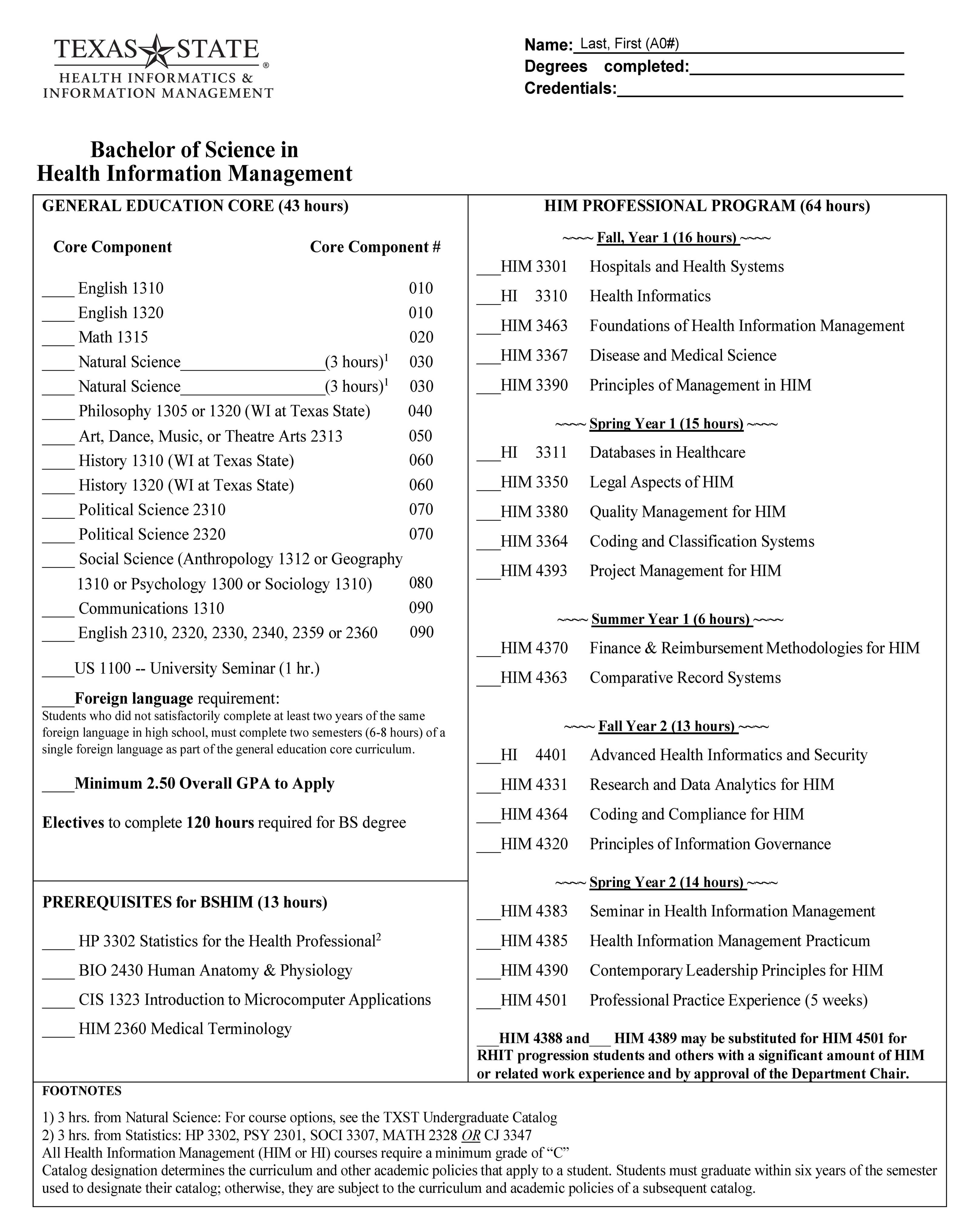 BSHIM Degree Plan