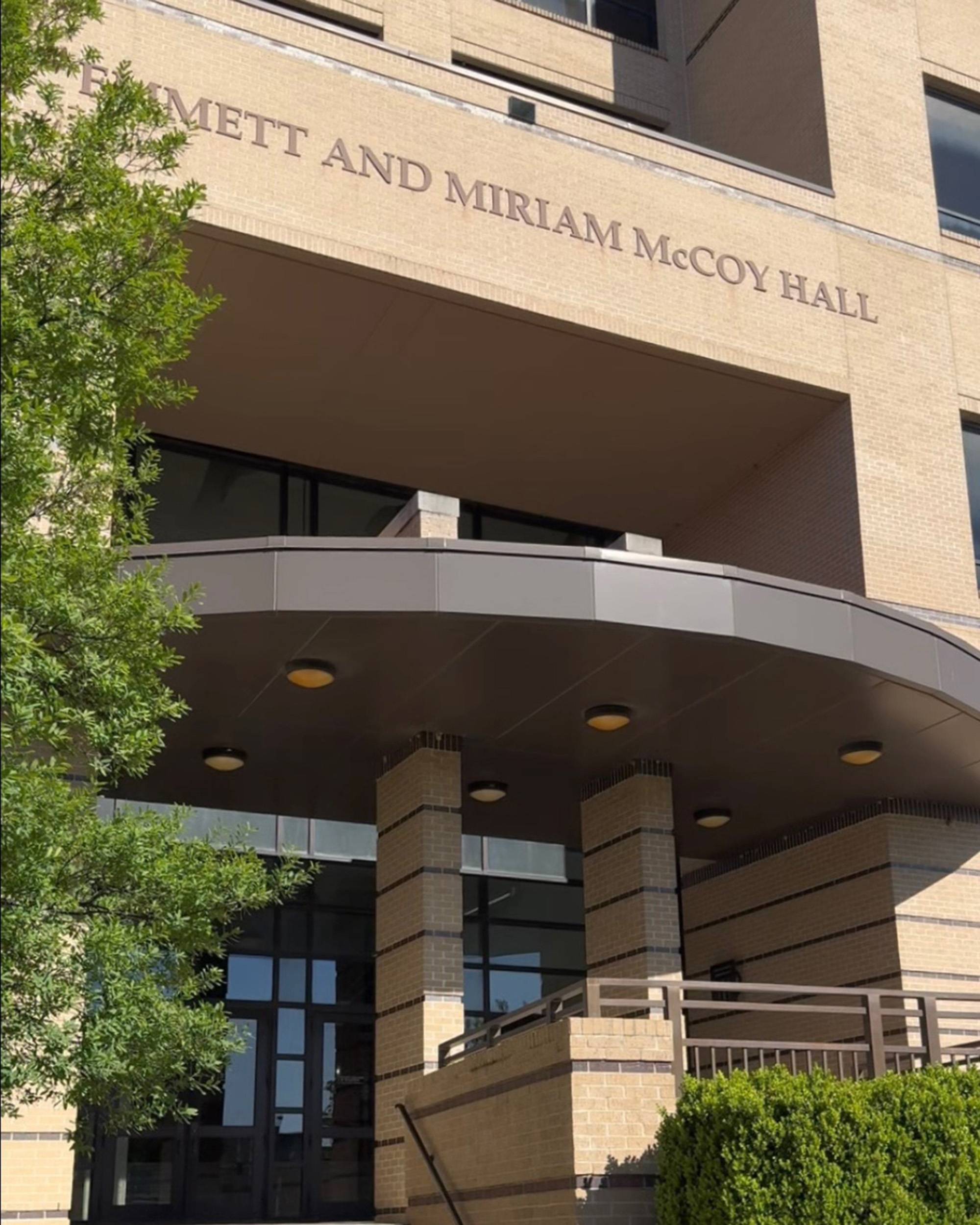 McCoy Hall entrance in morning light