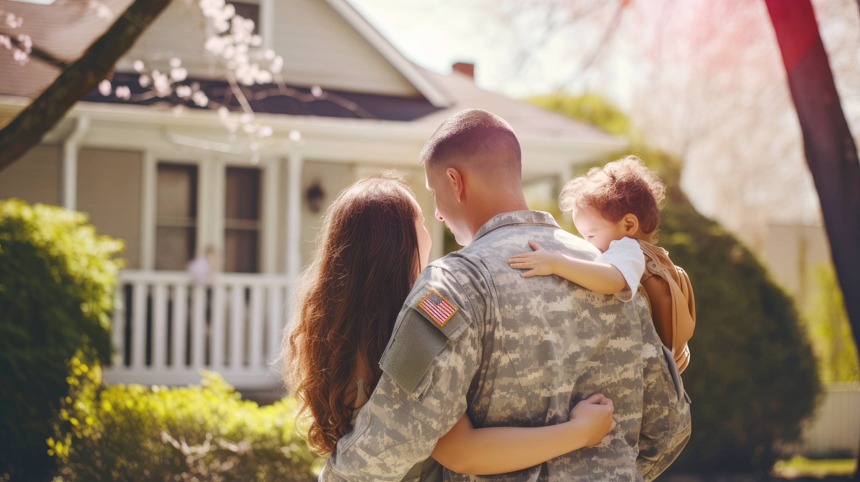 A veteran puts his arm around his wife while holding a child in his arm. They stand facing away towards a house.